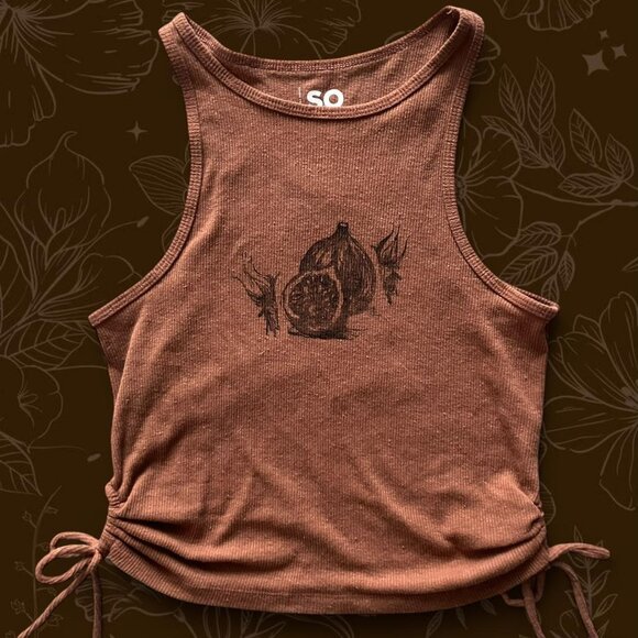 Hand-Printed Handmade Upcycled Chocolate Brown Graphic Fig Halter Tank Top - Picture 2 of 7
